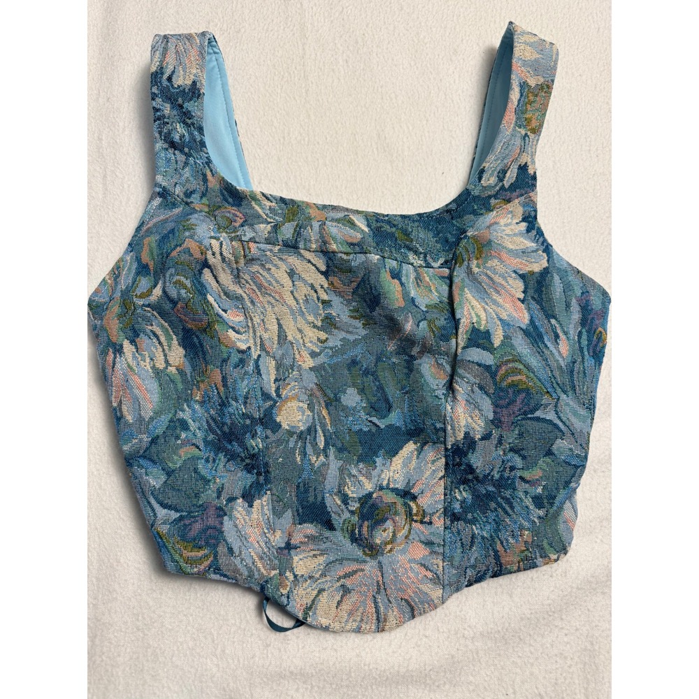 SHEIN Corset Top Women S Teal Floral Tapestry Lace Up Back Bustier Festival